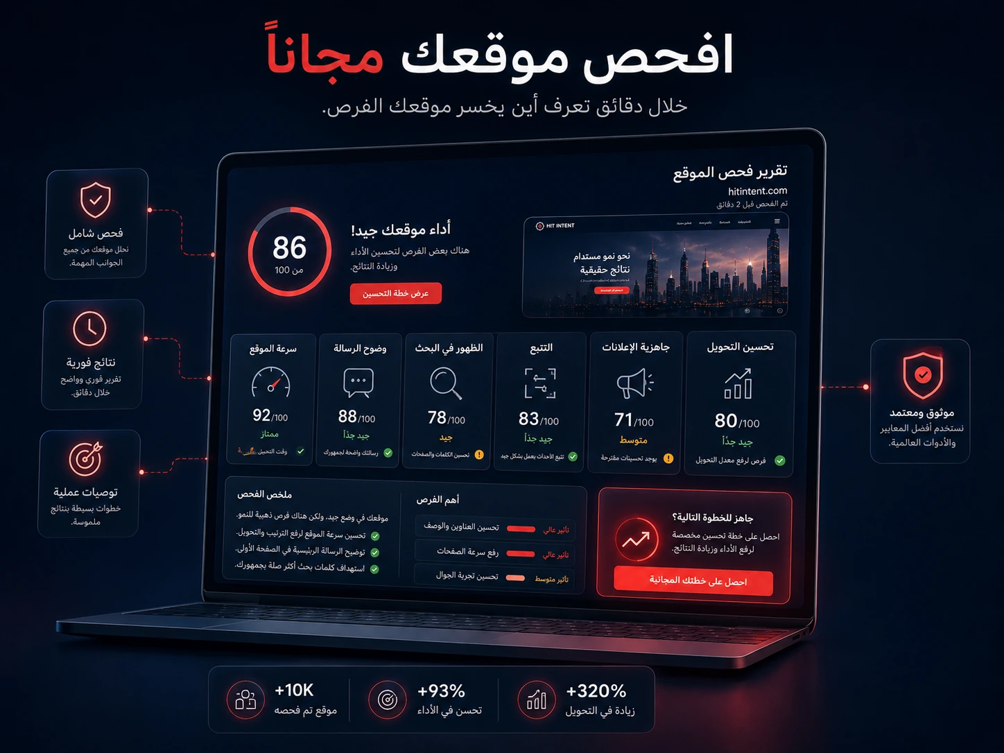 أداة مجانية لمراجعة الموقع وتحديد فرص تحسين الظهور والسرعة والطلبات